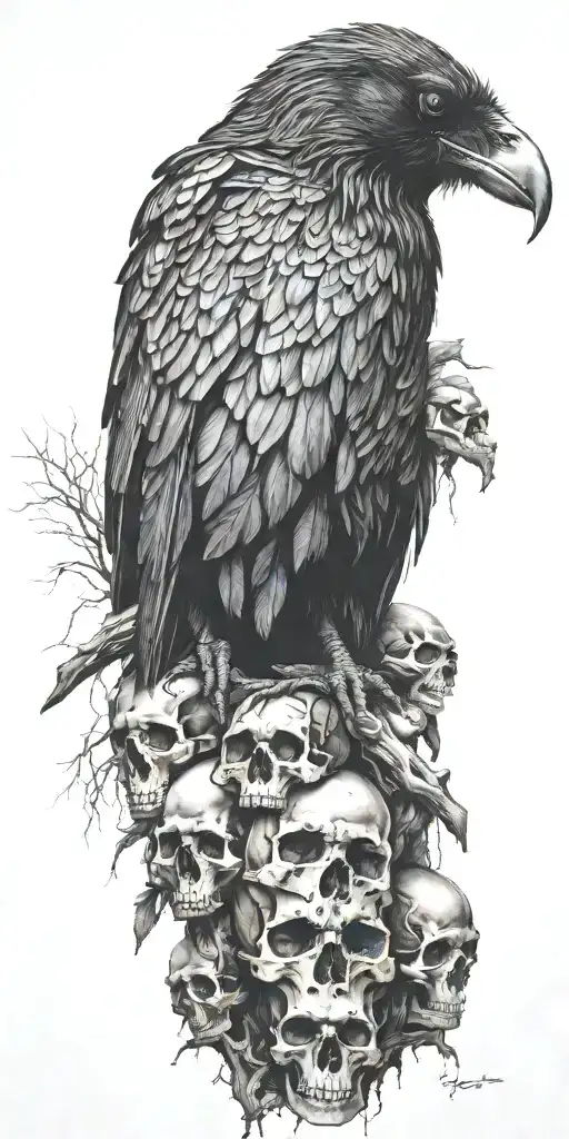 Raven Sitting On Top A Mound Of Skulls
