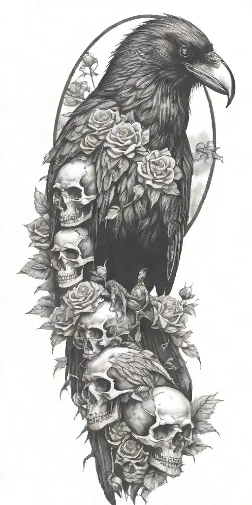 Raven Sitting On Top A Mound Of Skulls And Roses