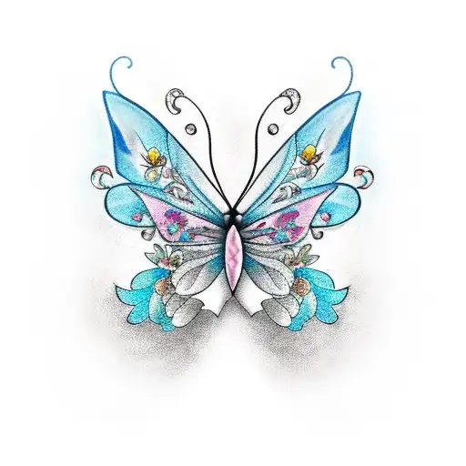 Aquamarine Butterfly With Flowers On 1 Wing And A Zebra Ribbon