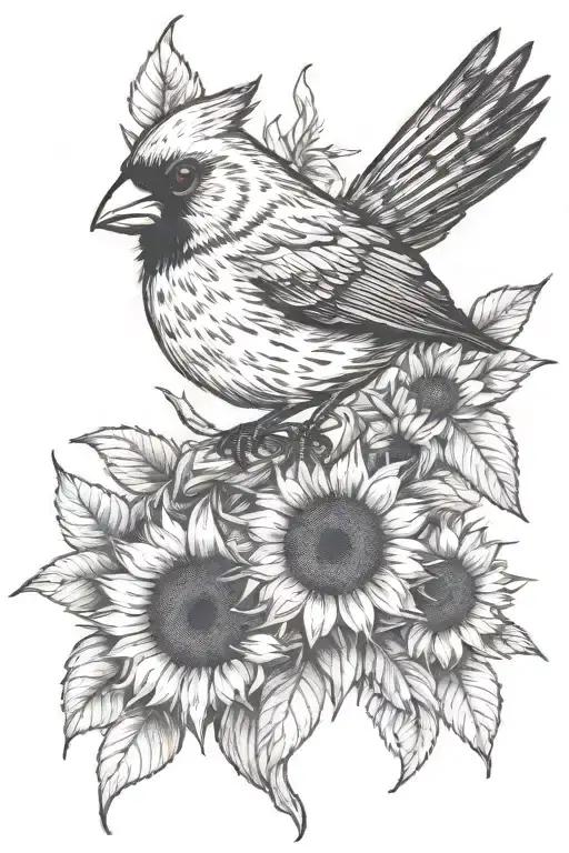 Cardinal Bird And Sunflower Surrounded