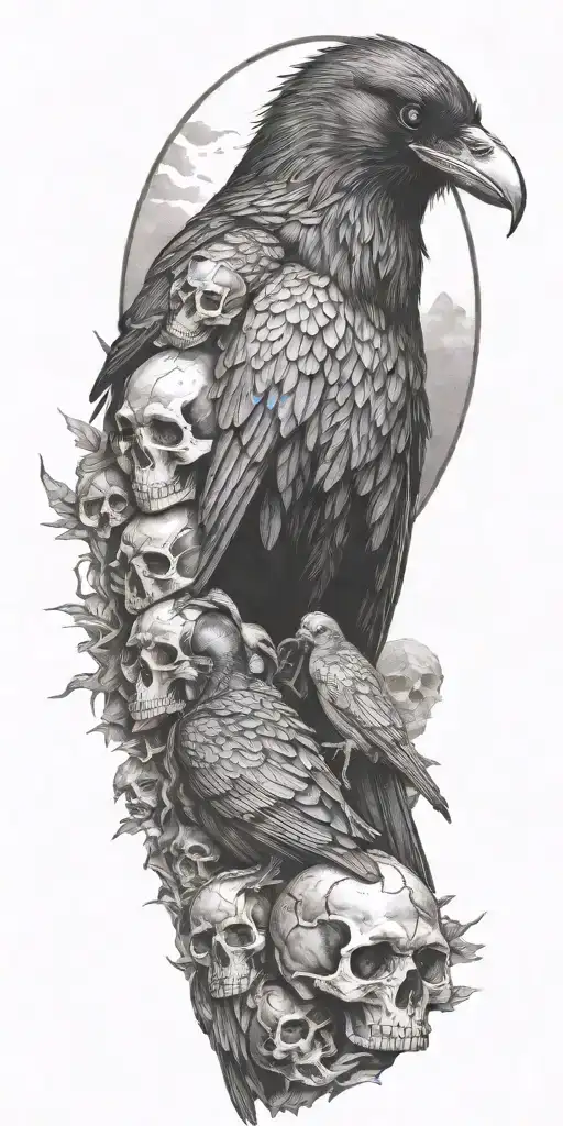 Raven Sitting On Top A Mound Of Skulls