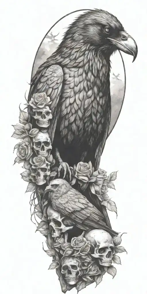 Raven Sitting On Top A Mound Of Skulls And Roses