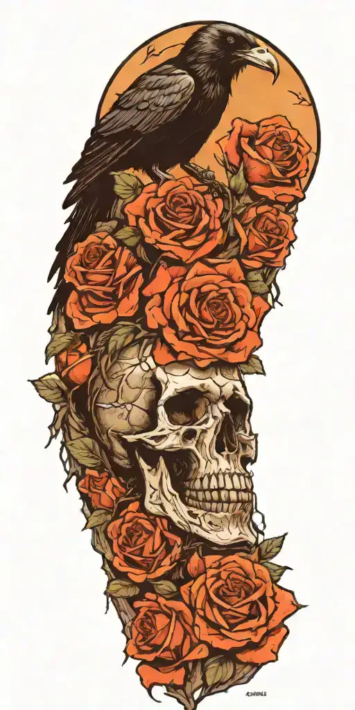 Mountain Made From Skulls With Roses Growing Out Of Crevices And A Raven Perched On Top