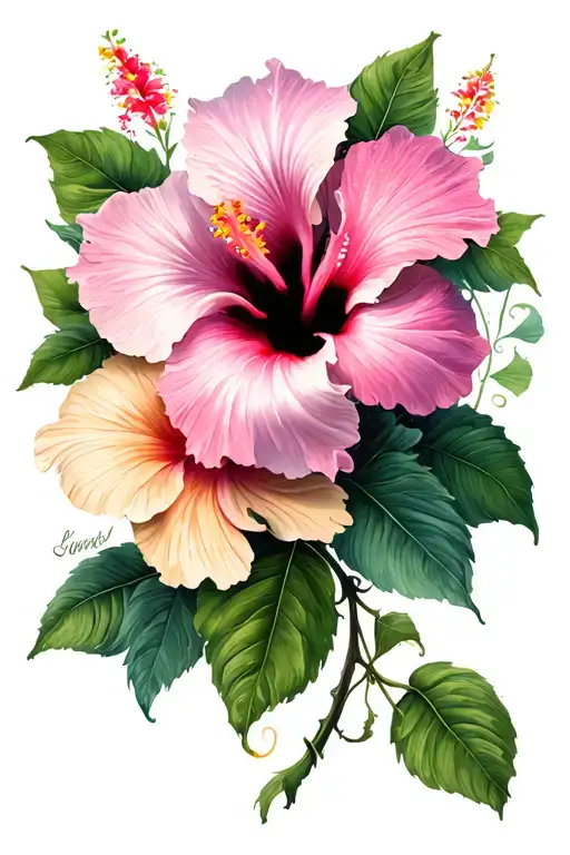 Floral Sleeve Tattoo Hibiscus Flower With Botanic Leaves