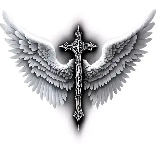 3D Shaded Cross Spaced Out In The Middle Of Virtues Angel Wings