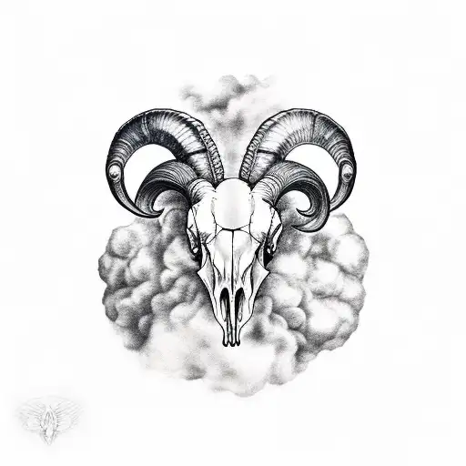 Ram Skull With Crows On Each Side And Smoke Behind
