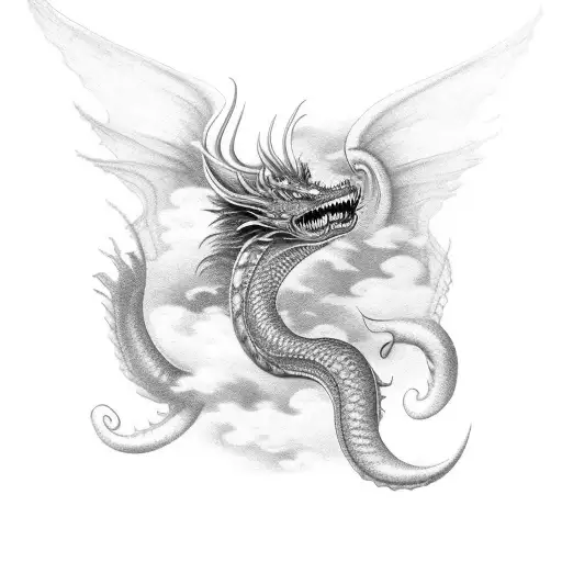 Norse Dragon Flying Through Clouds