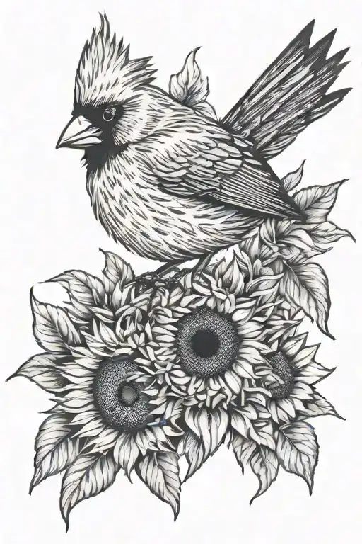 Cardinal Bird And Sunflower Surrounded
