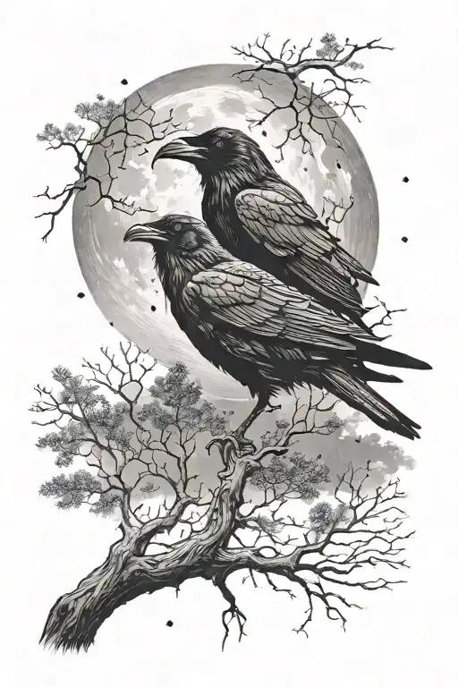 Raven Surrounded By The Forest And A Moon Above The Trees In A Night Sky And A Constellation