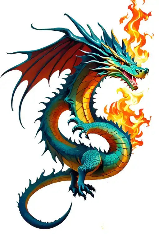 Soaring Colorful European Dragon Breathing Fire