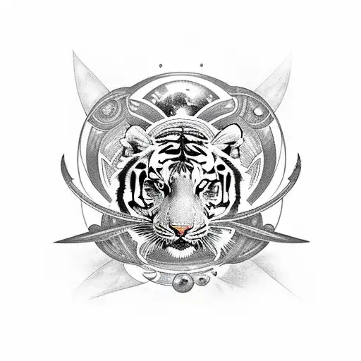 Neo Trad Tattoo Design With A Lady A Tiger An Alien An Spaceship And Planets Outside The Universe