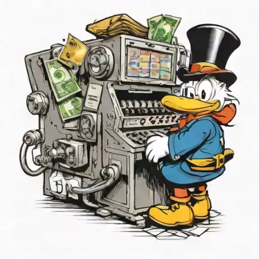 Scrudle Mcduck With A Slot Machine Number 777 And Bags And Banknotes Of Money