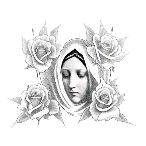 The Virgin Mary On Top Of Two Roses And A Dove On Both Sides And A Cross