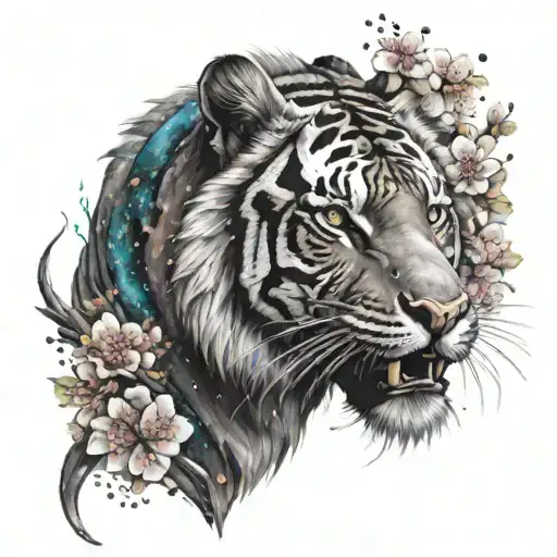 A Cosmic Tiger Emerging From A Galaxy Filled With Sakura Blossoms