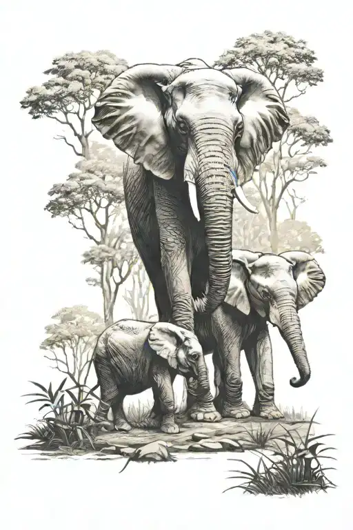 Mom And Son Elephant In The Forest Scene