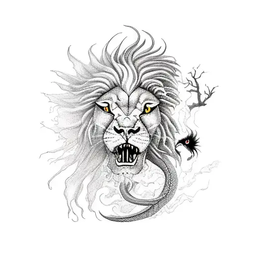 Dragon And Lion Fighting Exploding Out Of A Girls Head