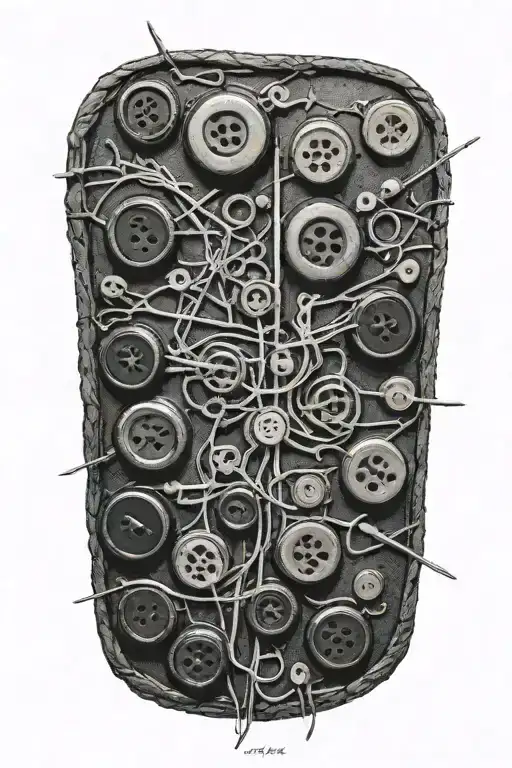 Black Buttons Sewn Into The Skin And Sewing Needles