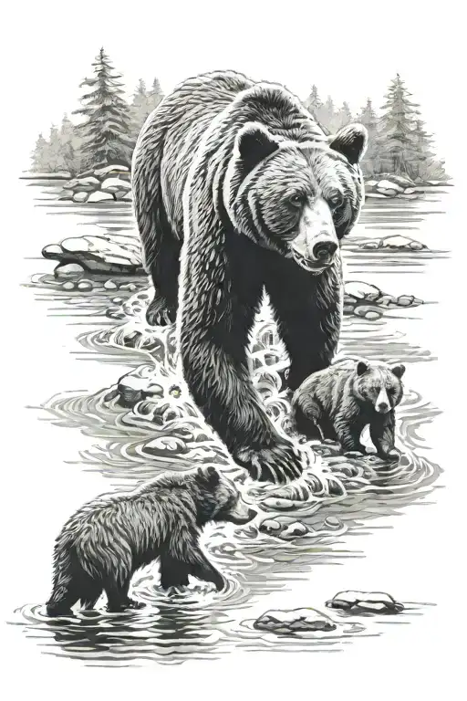 Bear Protecting Three Cubs In A River In The Moonlight