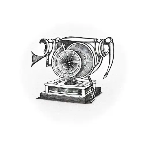 Cartoon Gramophone Surrounded My Music Notes And Drums