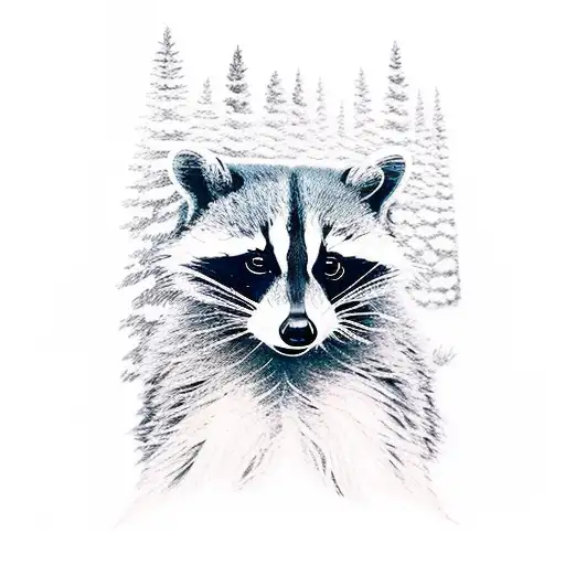 Raccoon With Pine Trees In The Background
