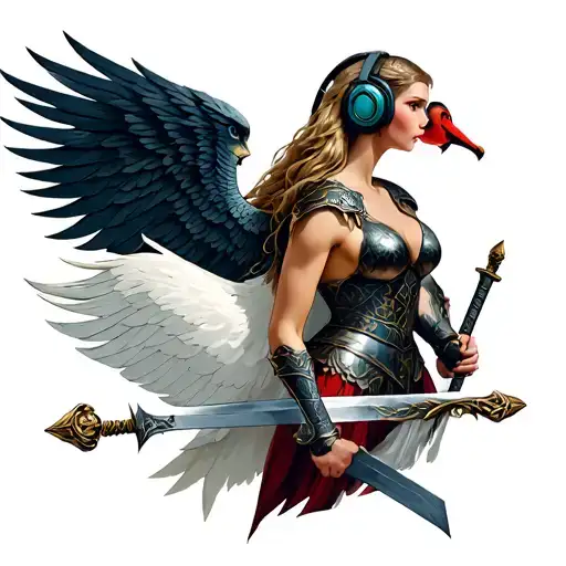 A Whole Warrier Woman Valkyrie With A Headset At The Head Of The Swan And A Sword With Rhunes