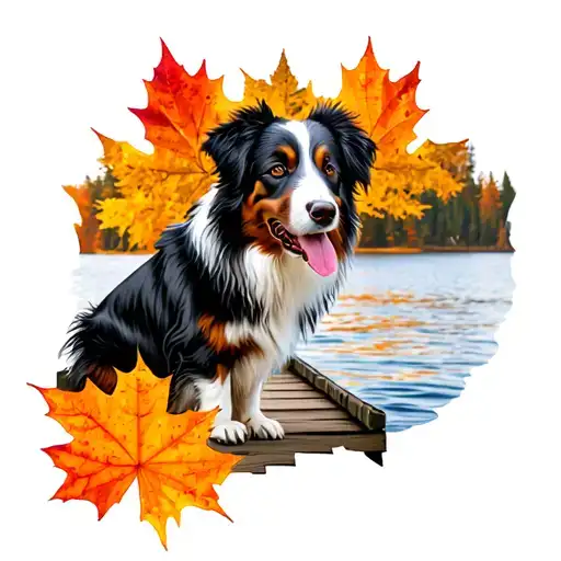 Australian Shepherd Dog Setting On A Pier Out On A Lake In A Maple Leaf