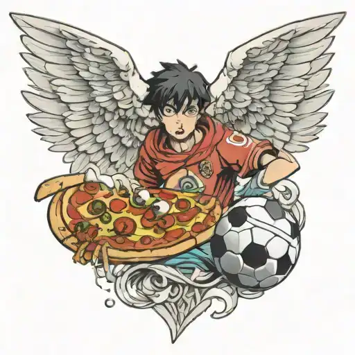 An Anime Character Holding A Soccer Ball With Pizza Slices As Wings