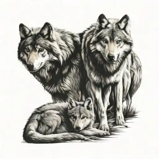 Couple Of Wolves And 3 Cubs Of Different Ages