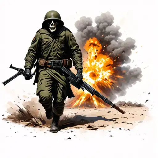 Grim Reaper In An Army Helmet And Uniform Walking Away From An Explosion
