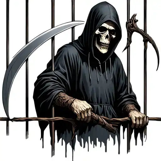 Grim Reaper In Black Hoodie Holding A Scythe Behind Jail Bars