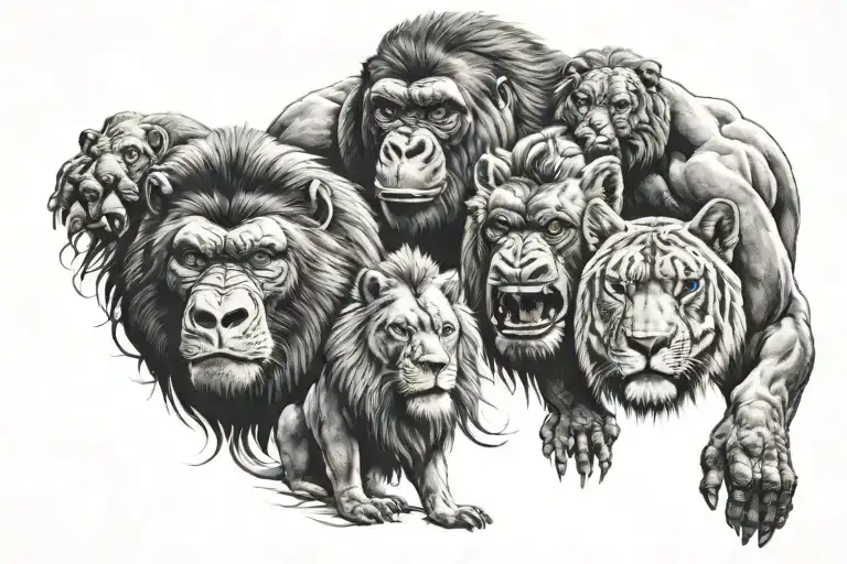 Gorilla With Lion And A Wolf