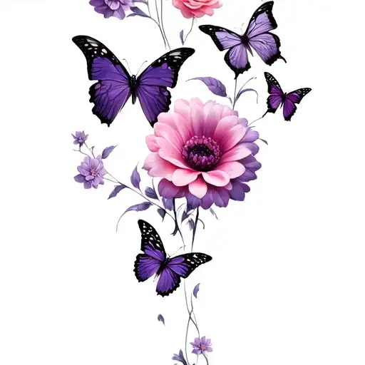Multiple Flowers And Butterflies In Purple And Pink Surrounded By Black Shadowwork