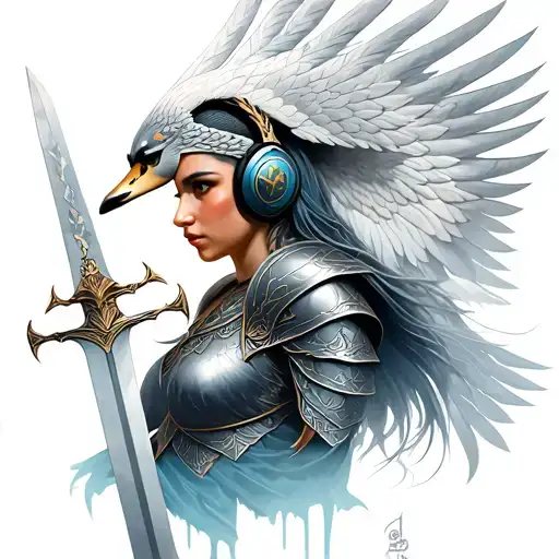 A Warrior Woman Valkyrie With A Headset At The Head Of Swan And A Sword With Rhunes