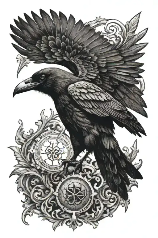 Symmetrical Gothic Crow Looking Up On Upper Back