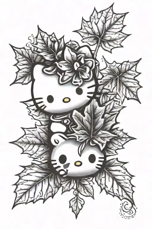 Hello Kitty With Maple Leaf Background Black