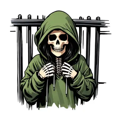 Skeleton Girl Reaper In Green Hoodie Behind Jail Bars
