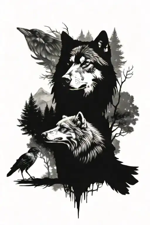 Forest Wolf And Raven