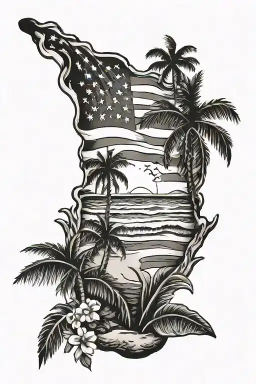 Usa Flag With Hawaiian Beach Scene With Palm