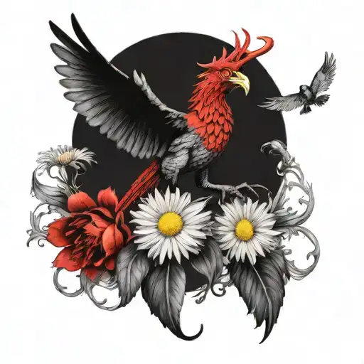 A Red Welsh Dragon Flying Alongside A Magpie Whilst Holding Daisy Flowers