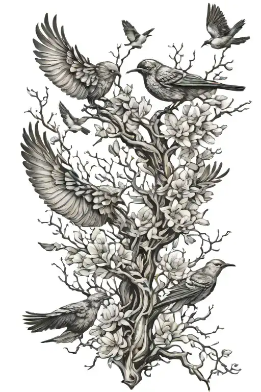 Intricate Flowers Wrapped Like A Tree With Birds Flying Above