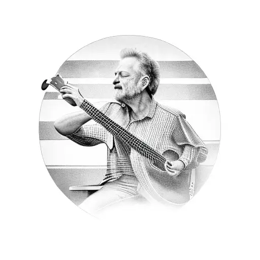 A Realistic Portrait Of A Grandfather Playing Guitar On A Train Track Surrounded By Crystals