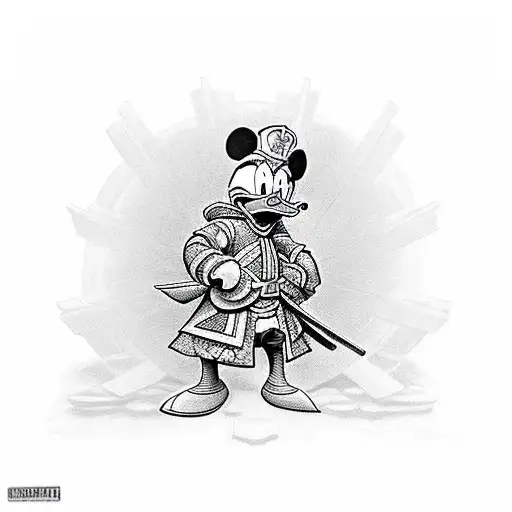 Donald Duck As A Samurai Warrior Standing On A Staircase Of Money
