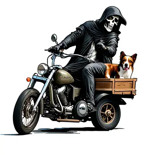 Grim Reaper Riding A Motorcycle With A Side Cart With Australian Shepherd In It With A Helmet On