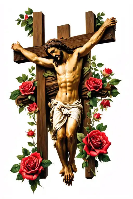 Jesus On Cross With Roses And One Tulup