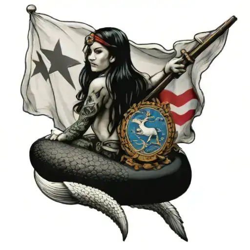 Mermaid With A Marine Corps Uniform Holding A Japanese Flag