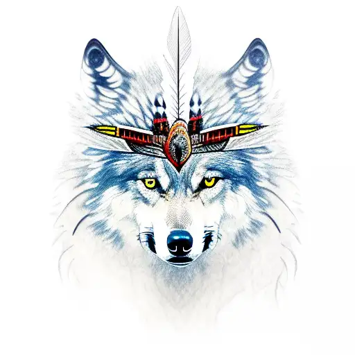 Wolf With Hawk Indian Headdress