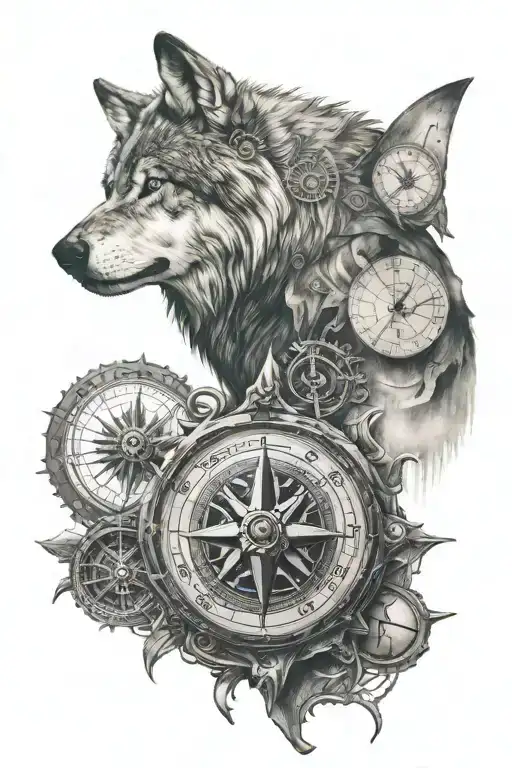 A Protective Wolf Paired With A Compass Tattoo With Some Symbolism Surrounding And In The Background