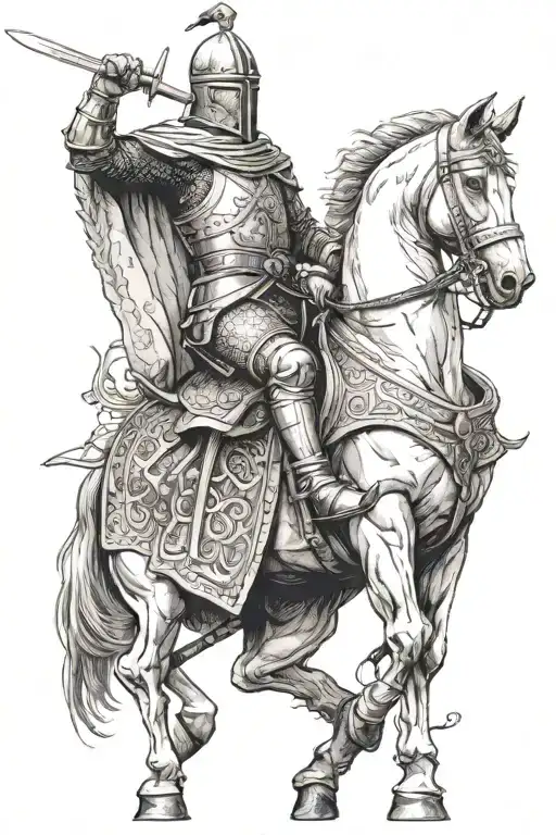 Crusader Knight Slowly Rides On A Horse With A Sword In His Hand