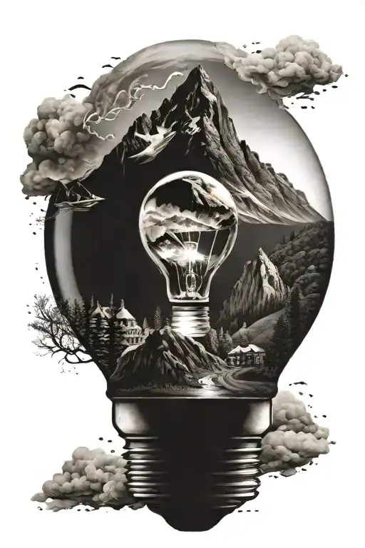 Lightbulb With A Mountain On The Inside Of It And A Small City On Top Of The Mountain