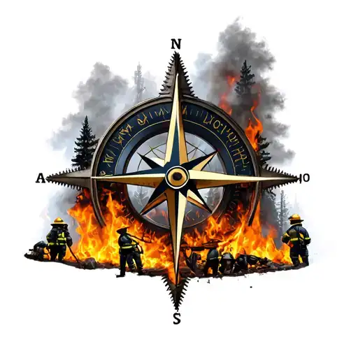 Compass Rose Surrounded By Burning Trees With Fire Fighters In Front